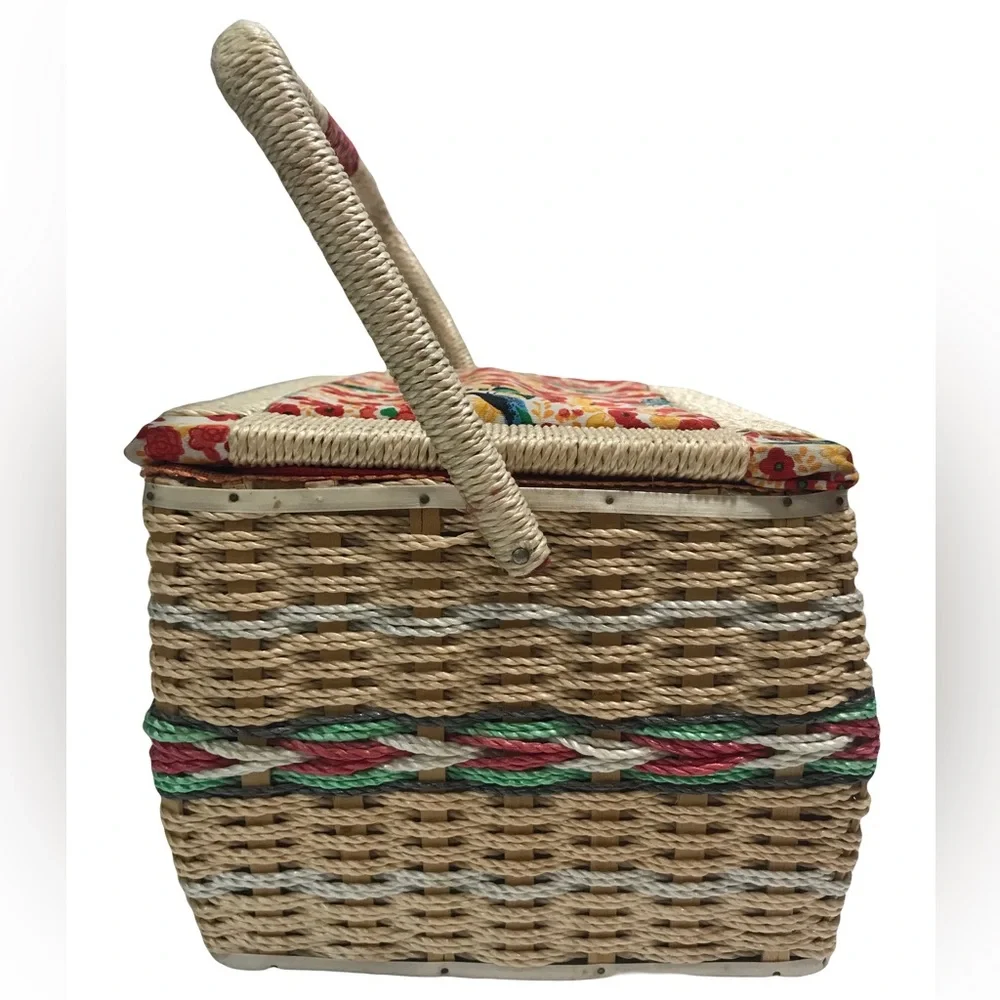 Vintage Birds & Floral Woven Wicker Sewing Basket